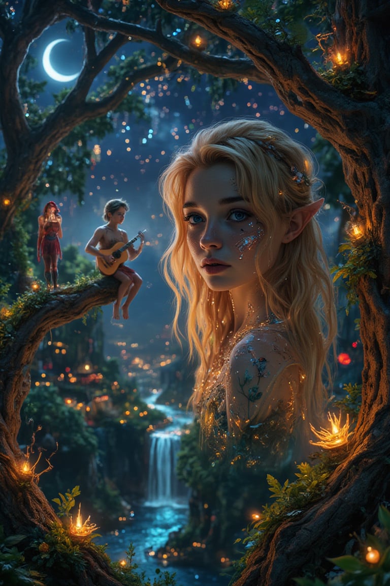 A captivating close-up portrait of an androgynous elf, with delicate features and a serene expression. The elf's face is softly illuminated by the ethereal glow of a waxing crescent moon, casting a gentle blue hue. The elf's flowing hair, adorned with radiant foliage, frames their face beautifully. In the background, the enchanted forest with its intricate canopy of ancient trees, twinkling lights, and vibrant tapestry of greens and golds stretches out, creating a mesmerizing atmosphere. A majestic elf reclines on a gnarled branch, playing a slender flute, while a colorful elf stands amidst lush flora and fauna. A vibrant waterfall cascades gracefully, adding to the serene and magical ambiance. The sky above is a vibrant canvas of countless stars, each one a silent witness to the timeless performance. The scene exudes a profound sense of peace and wonder, inviting the viewer to lose themselves in the fairy tale-like world of the painting. The artist's meticulous attention to detail is evident in every leaf, every beam of moonlight, and every shimmering star, creating an immersive experience that transcends the boundaries of the frame.