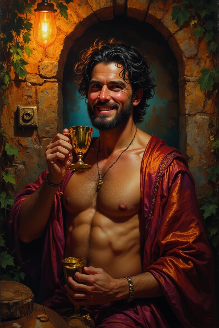 A vivid and intimate portrait of the myth Bacchus, the 25-year-old, in a dimly lit cellar suffused with a warm, glow phosphorescent. His messy black hair falls on his broad shoulders, framing a full round face with red cheeks, he deep black eyes that shine with a hint of smile and fancy the red cheeks reddened by drunkenness and smiles smirkly while holding a finely worked golden cup to his mouth, savoring the rich bouquet of a new wine. His physique is athletic but with a well evident swollen belly, the muscles of the chest and arms are subtly visible under the adhesion of a tunic of fine and shiny silk. The tunic is adorned with meticulously woven motifs that shine in the soft light, echoing the luxury of the surrounding environment. The cellar itself is a celebration of nature and indulgence, with wreaths of ivy and jasmine wrapping the arched stone walls, permeating the space with an air of ancient reverence and festivity. The atmosphere is charged with the sweet aroma of fermentation, and the close-up on the drunken face of Bacchus from the deep bright colours of the grapes to the lush green of the foliage-highlights the intricate details of the scene. 