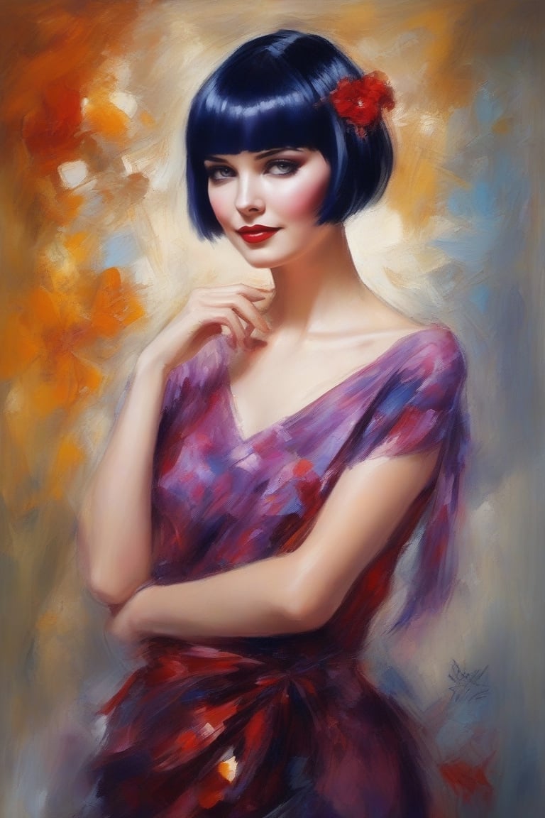 Beautiful woman,, Louise Brooks , in the style of Andrew Atroshenko
((oil painting))((impresionism)),colorful,color art