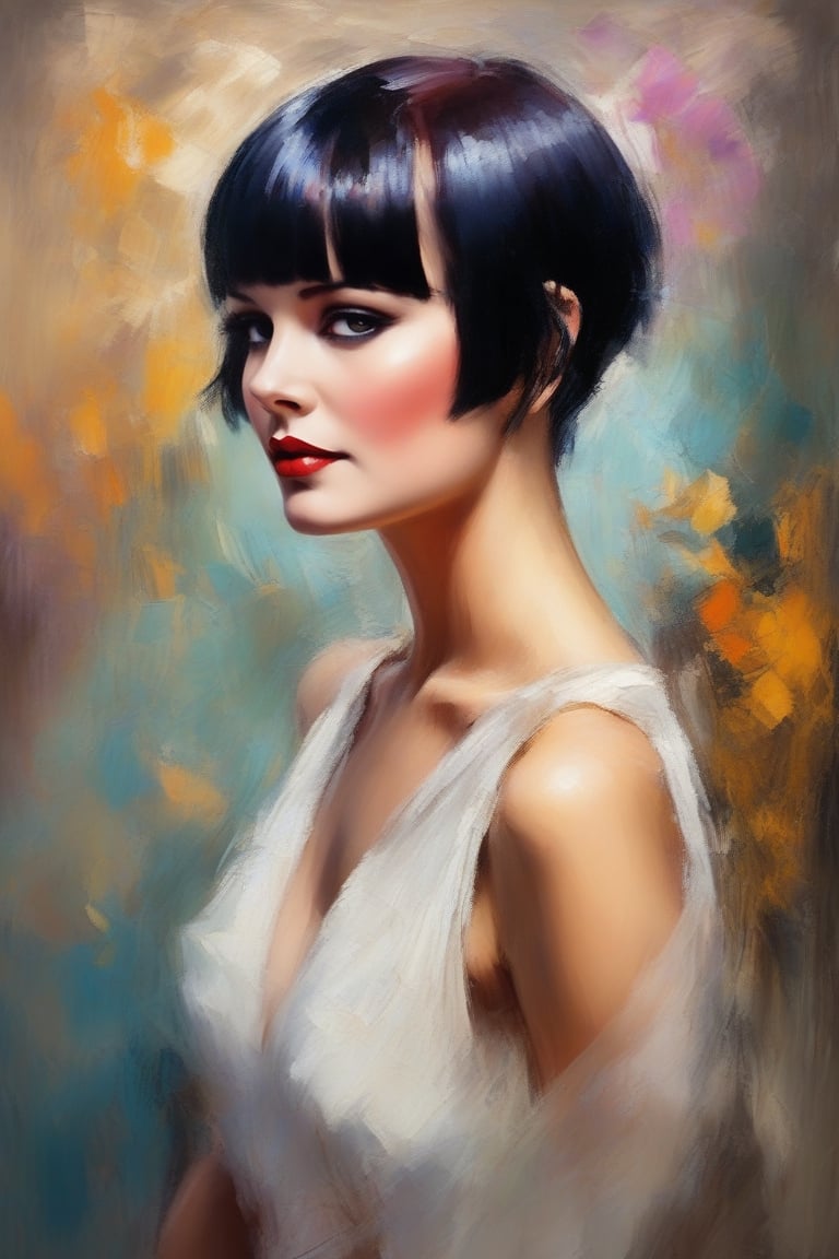 Beautiful woman,, Louise Brooks , in the style of Andrew Atroshenko
((oil painting))((impresionism)),colorful,color art