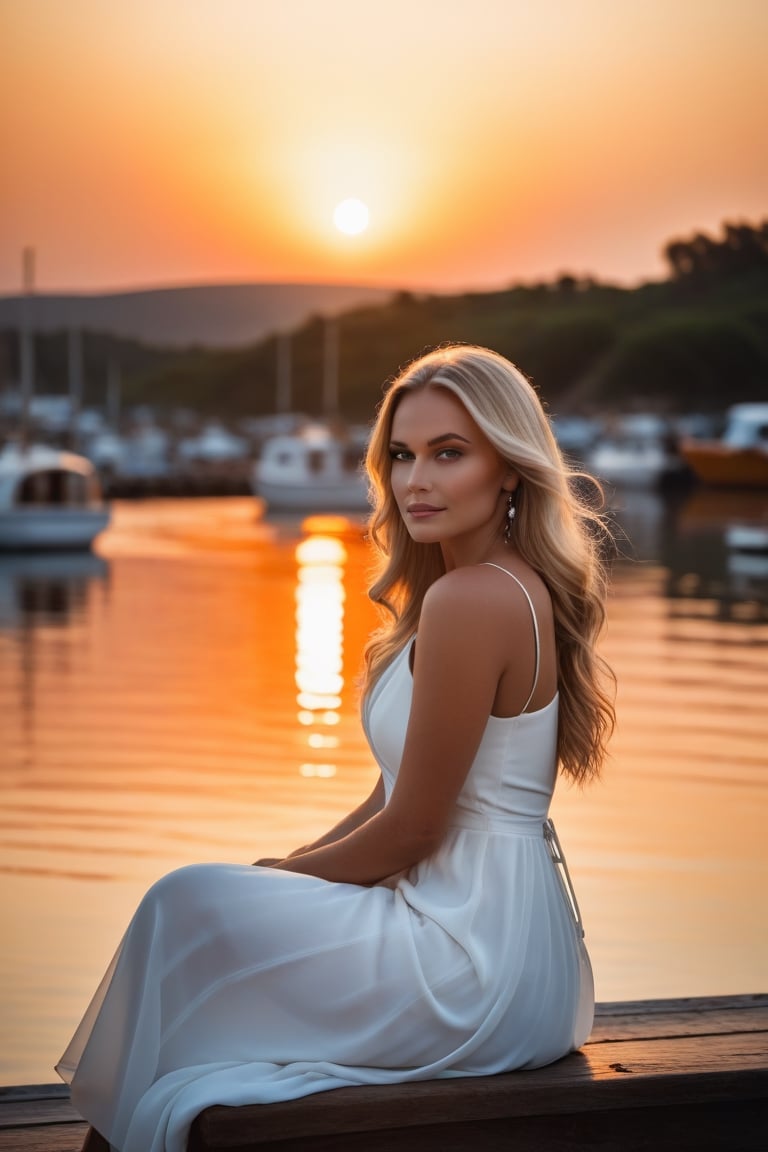 cinematic film still . Beautiful woman with Long blonde  hair, white Dress++,sitting on a jetty,  (an orange sunset) water, boats, shallow depth of field, vignette, highly detailed, high budget Hollywood movie, bokeh, cinemascope, moody, epic, gorgeous, film grain, grainy", , ,more detail XL