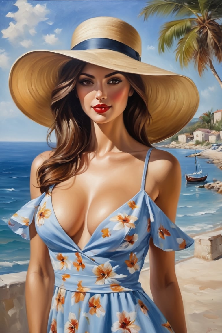 Beautiful woamn in a summer dress, hat, cleavage


((oil painting))((impresionism))