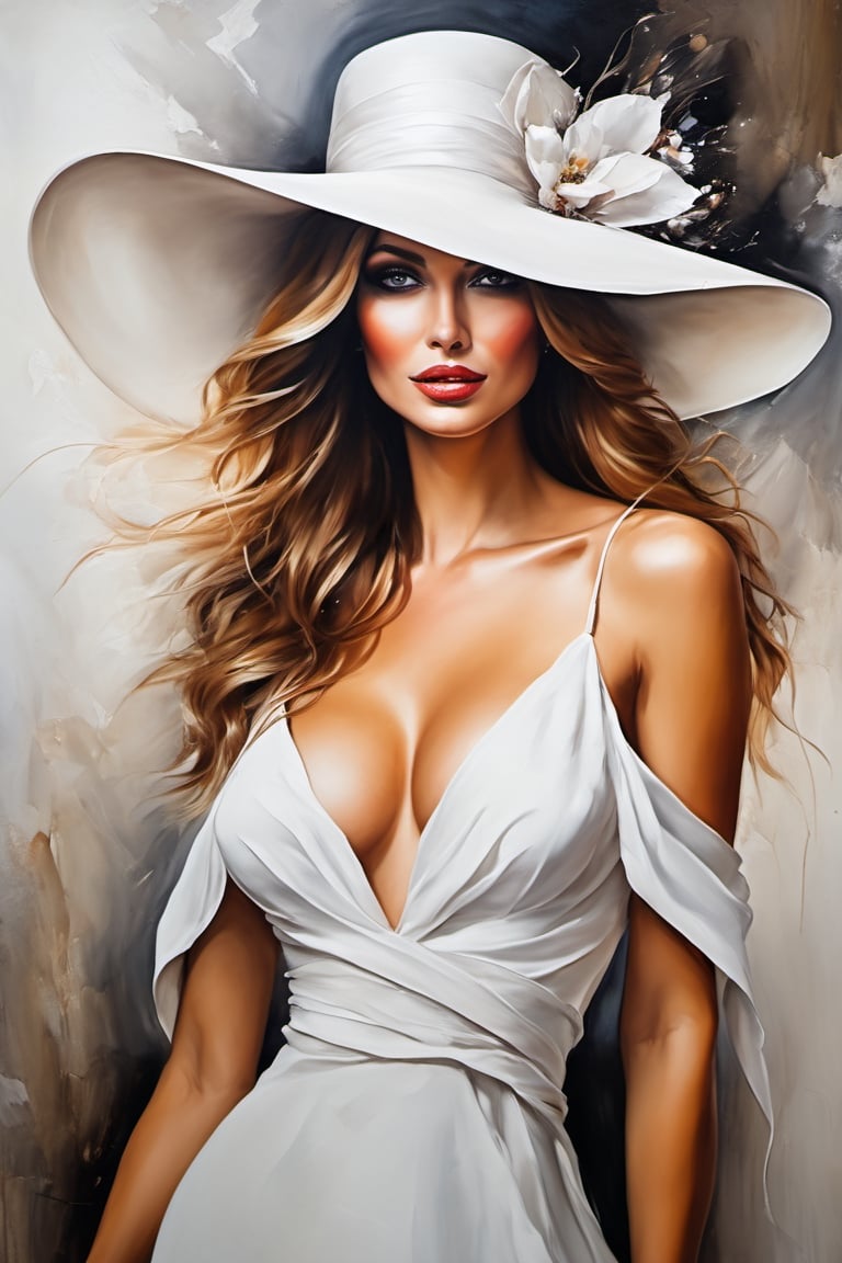 Beautiful woman in a white dress, hat, cleavage


((oil painting))((impresionism)),ink ,more detail XL