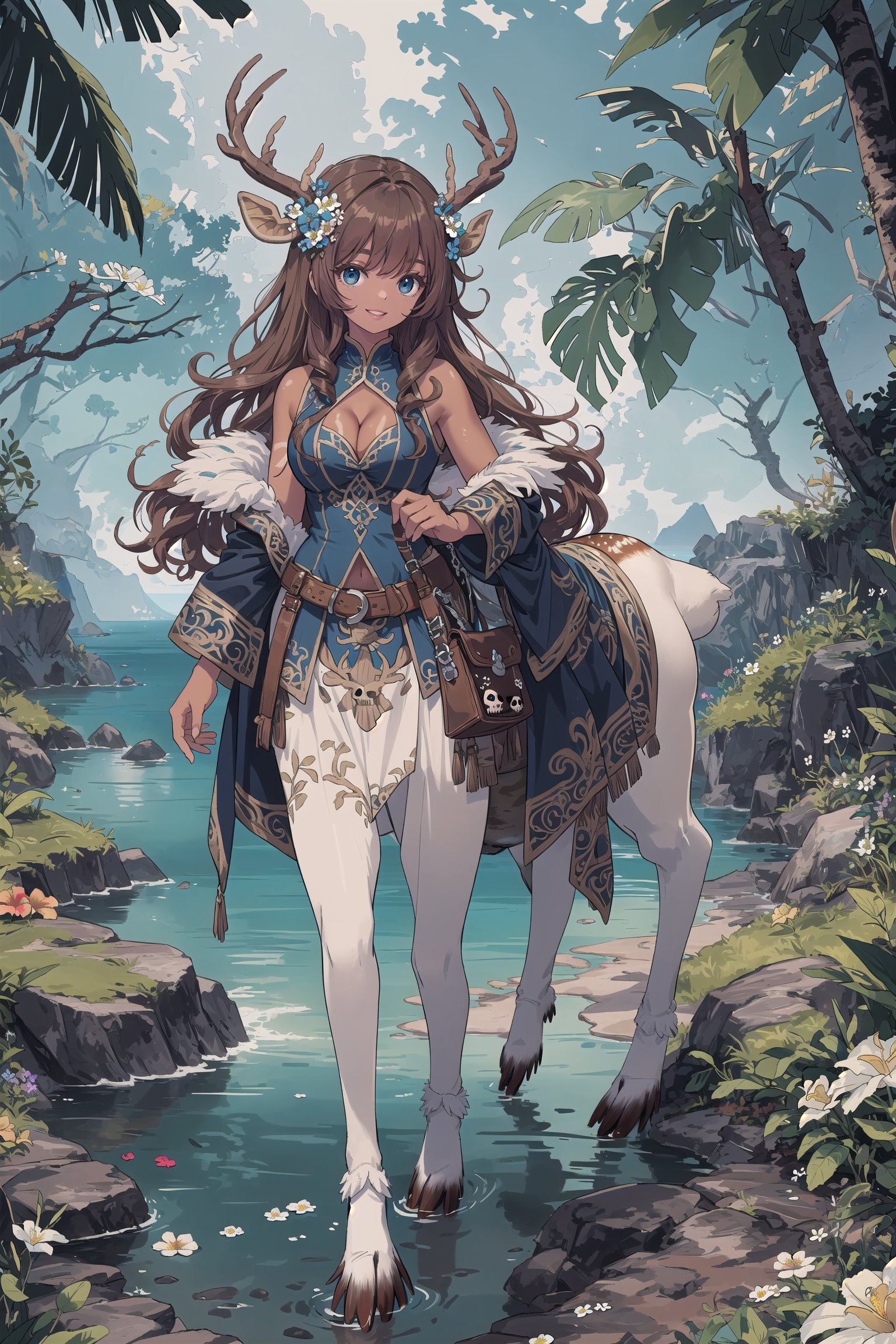 one character (adult female, human upper half, deer markings, Centaur with deer body lower half,  deer hooves, centaur, tan deer fur, white fluffy underbelly fur), light tan skin, white spots on rump that resemble flowers, very detailed light tan skin, medium breasts, (very long curly brown hair, very messy hair, very detailed hair, flowers everywhere in hair, large number of flowers in hair, flower covered hair), short semetrical deer antlers, (dark blue ornate pirate clothing, fancy silver detailing on clothing, cleavage window, dynamic clothing), full body view, character focus,  saddle bags with pirate skull clasp, extremely high detailed, outdoors, walking on beech, happy, excellent ocean view, complex backgroud, vibrant tropical island, detailed tropical background, tide pool, extremely detailed, masterpiece, high quality, tiny body, small rump, short, fantasy, distinct details, brown hair with flowers, thin antlers