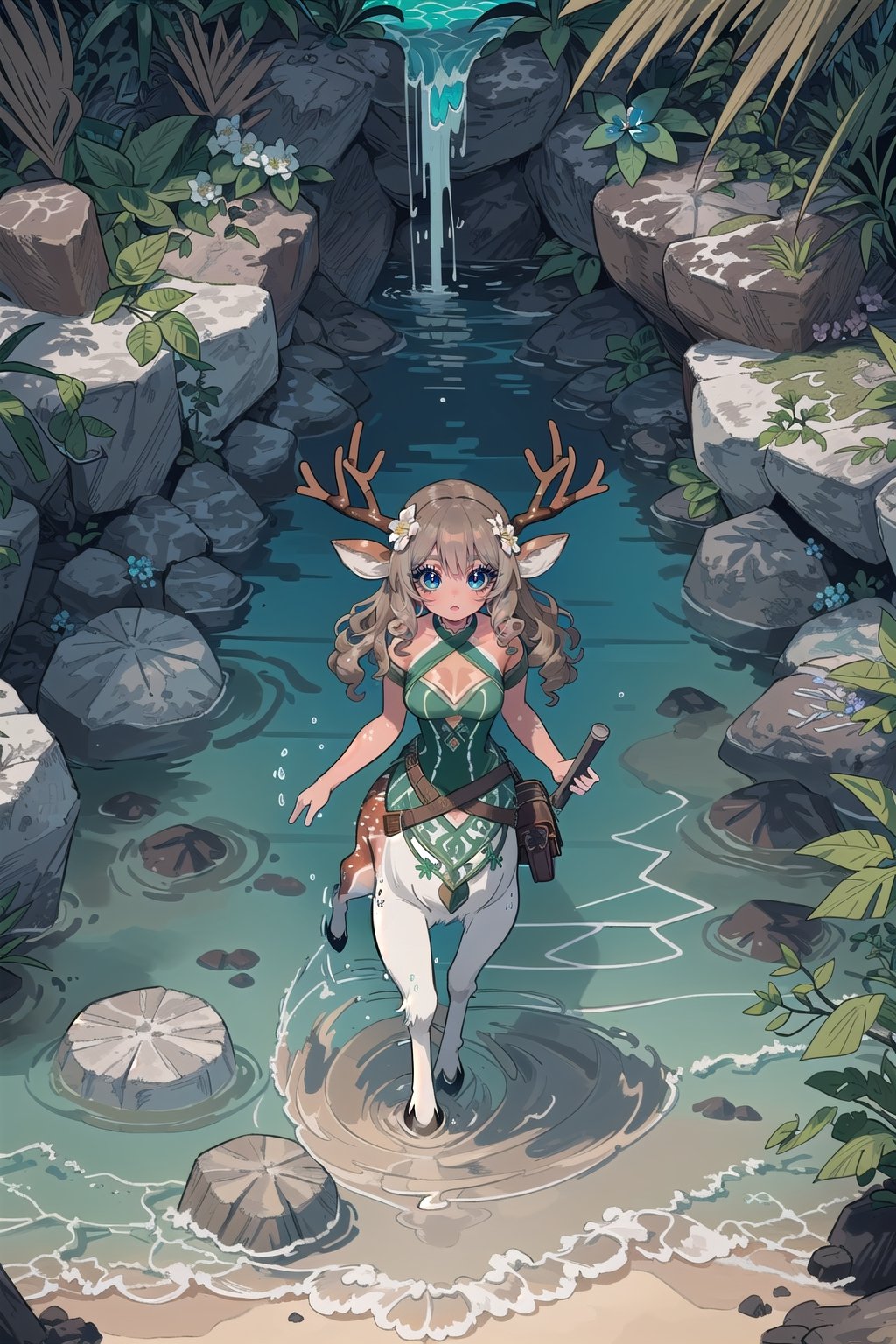 (adult female, single character, human upper half, Centaur with deer body lower half, centaur, light tan fur with white spots, centaur with deer body with light tan deer fur with white spots on rump, deer ears, light brown fur body, thin, petite, medium breasts, small deer tail, deer legs), (very long dark brown wavey curly hair on head, very detailed hair, small flowering vines woven in hair on head, flowers in hair on head, flowers woven in hair), ornate pirate outfit,  excited, full of energy, full body view, attractive, angular face, adventurer, character focus, very detailed, high detail, masterpiece, high quality, saddle bags, extremely high detailed, complex backgroud, vibrant tropical island, detailed tropical scenery, very detailed beach with clear water, very detailed clear water with fish swimming near legs, lower legs under water, tropical flowers growing everywhere, very detailed fur, petite lower body,  flower shaped white fur markings, small semetrical antlers, rows of cascading flowers in hair, long light brown hair, hoofed, deer hoofs