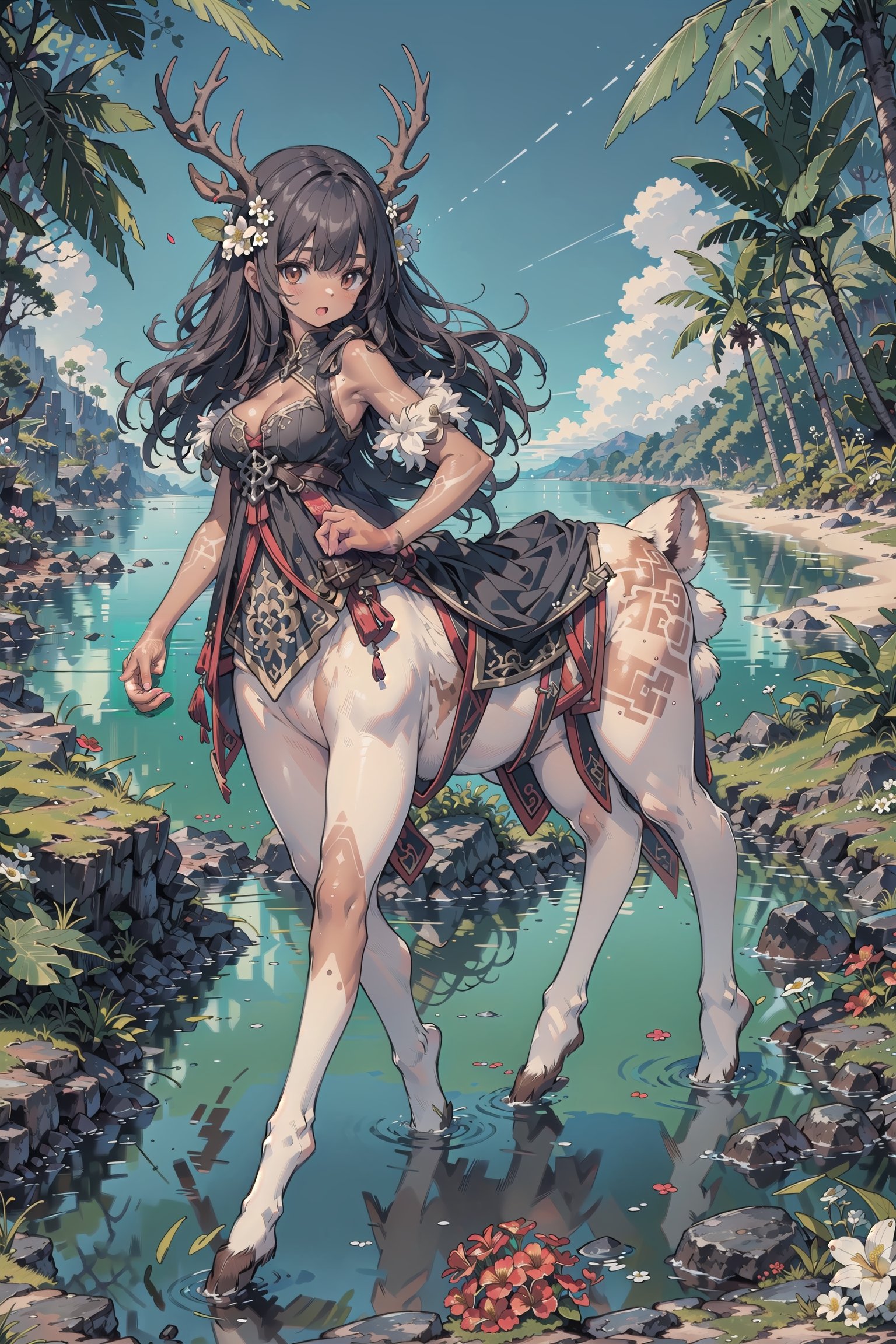 one character (adult female, human upper half, deer markings, Centaur with deer body lower half,  deer hooves, centaur, tan deer fur, white fluffy underbelly fur), light tan skin, white spots on rump that resemble flowers, very detailed light tan skin, medium breasts, (very long curly brown hair, very messy hair, very detailed hair, flowers everywhere in hair, large number of flowers in hair, flower covered hair), short semetrical deer antlers, (dark blue ornate pirate clothing, fancy silver detailing on clothing, cleavage window, dynamic clothing), full body view, character focus,  saddle bags with clasp, extremely high detailed, outdoors, walking on beech, happy, excellent ocean view, complex backgroud, vibrant tropical island, detailed tropical background, tide pool, extremely detailed, masterpiece, high quality, tiny body, small rump, short, fantasy, distinct details, brown hair with flowers, thin antlers, multiple rows of long cascading flowers in hair, perfect shadows, very detailed skin, white fur legs, white fur lower body, very fury, extremely detailed fur, low rear end, small rump, short, very furry, very furry tan legs, very furry tan rump with white spots, , tan dear tail, two arms