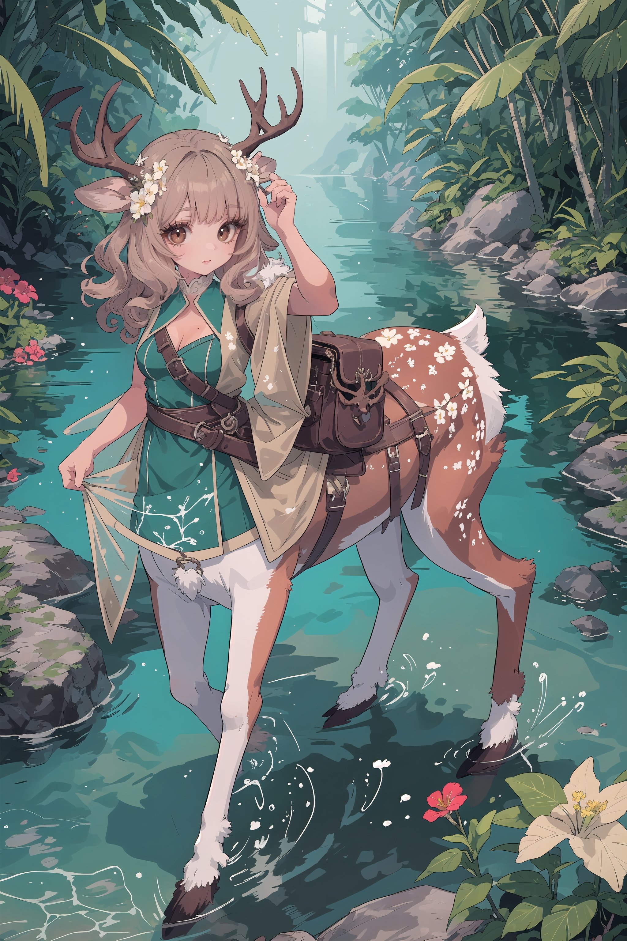 (adult female, single character, human upper half, Centaur with deer body lower half, hooves, centaur, light tan fur with white spots, centaur with deer body with light tan deer fur with white spots on rump, deer ears, light brown fur body, thin, petite, medium breasts, small deer tail, deer legs), (very long dark brown wavey curly hair on head, very detailed hair, small flowering vines woven in hair on head, flowers in hair on head, flowers woven in hair), pirate outfit,  excited, full of energy, full body view, attractive, angular face, adventurer, character focus, very detailed, high detail, masterpiece, high quality, saddle bags, extremely high detailed, complex backgroud, vibrant tropical island, detailed tropical scenery, very detailed beach with clear water, very detailed clear water with fish swimming near legs, lower legs under water, tropical flowers growing everywhere, very detailed fur, petite lower body