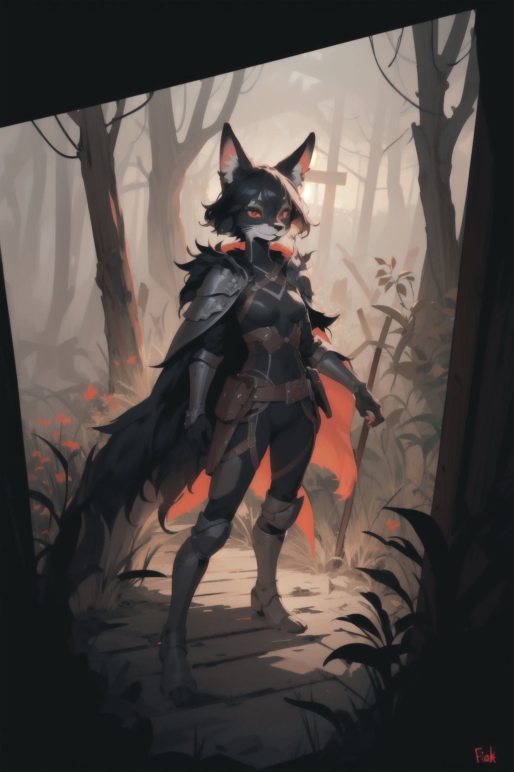fox girl, female, black hair, short, black fur on body, ((short)), fluffy tail, forest, outside, sunset, red eyes, black fox ears cute, petite, young, anthro fox, fur on body, furry, full body, short, dark grey fur underbelly, leather armor, adventurer, wearing leather armor with cape, shoulder pads,  multiple tails, solo, furry face, black fur on face, clothed, medium leather armor, metal breast plate,
 (masterpiece:1.2), best quality, high resolution, unity 8k wallpaper, (illustration:0.8),  extremely detailed face, perfect lighting, extremely detailed CG, (perfect hands, perfect anatomy), perfect fingers