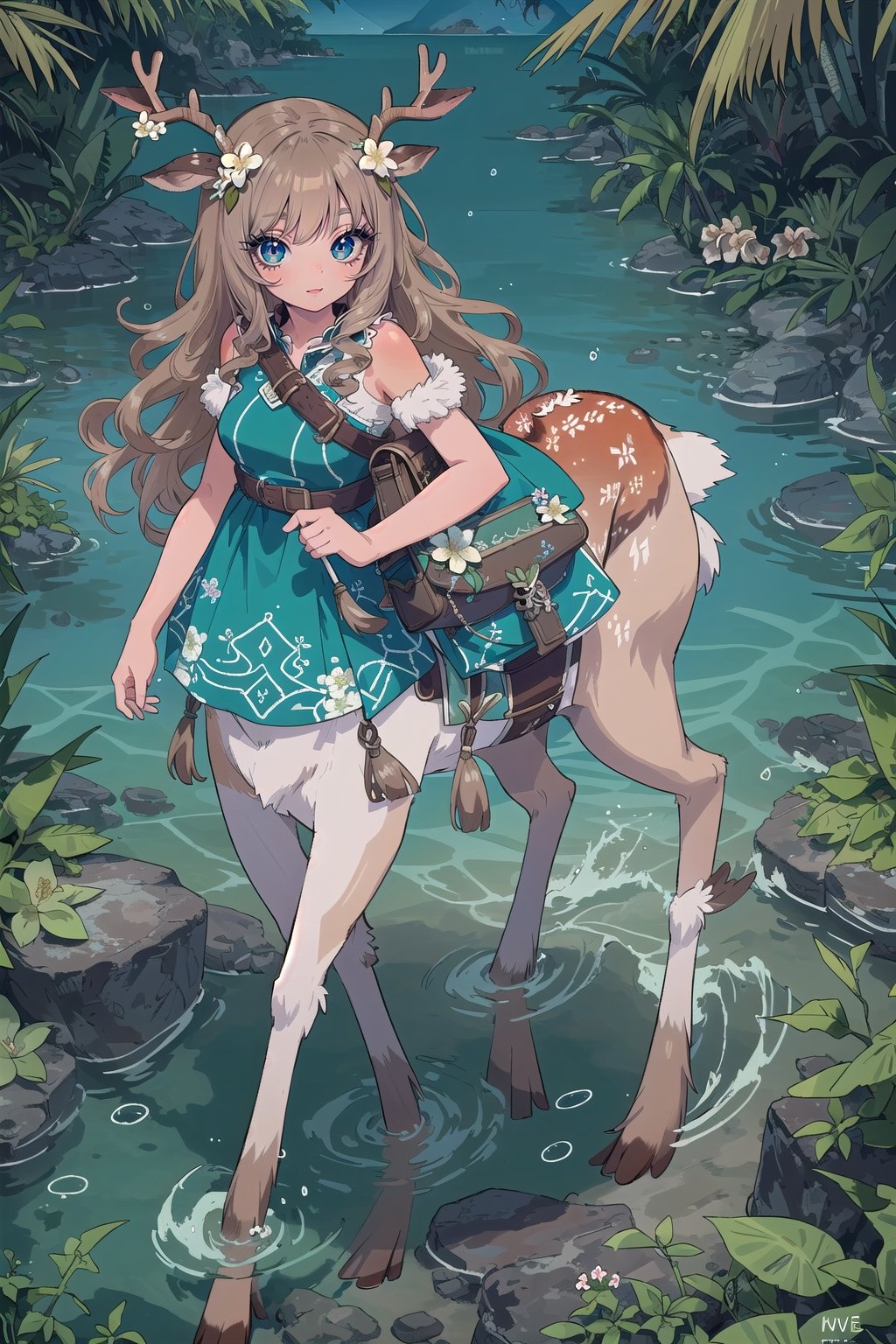 (adult female, single character, human upper half, Centaur with deer body lower half, centaur, light tan fur with white spots, centaur with deer body with light tan deer fur with white spots on rump, deer ears, light brown fur body, thin, petite, medium breasts, small deer tail, deer legs), (very long dark brown wavey curly hair on head, very detailed hair, small flowering vines woven in hair on head, flowers in hair on head, flowers woven in hair), ornate pirate outfit,  excited, full of energy, full body view, attractive, angular face, adventurer, character focus, very detailed, high detail, masterpiece, high quality, saddle bags, extremely high detailed, complex backgroud, vibrant tropical island, detailed tropical scenery, very detailed beach with clear water, very detailed clear water with fish swimming near legs, lower legs under water, tropical flowers growing everywhere, very detailed fur, petite lower body,  flower shaped white fur markings, small semetrical antlers, rows of cascading flowers in hair, long light brown hair, hoofed, deer hoofs, semetrical antlers