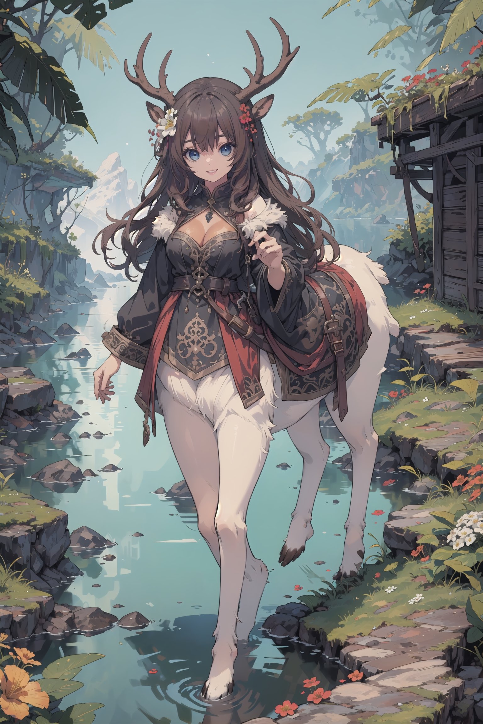 one character (adult female, human upper half, deer markings, Centaur with deer body lower half,  deer hooves, centaur, tan deer fur, white fluffy underbelly fur), light tan skin, white spots on rump that resemble flowers, very detailed light tan skin, medium breasts, (very long curly brown hair, very messy hair, very detailed hair, flowers everywhere in hair, large number of flowers in hair, flower covered hair), short semetrical deer antlers, (dark blue ornate pirate clothing, fancy silver detailing on clothing, cleavage window, dynamic clothing), full body view, character focus,  saddle bags with clasp, extremely high detailed, outdoors, walking on beech, happy, excellent ocean view, complex backgroud, vibrant tropical island, detailed tropical background, tide pool, extremely detailed, masterpiece, high quality, tiny body, small rump, short, fantasy, distinct details, brown hair with flowers, thin antlers, multiple rows of long cascading flowers in hair, perfect shadows, very detailed skin, white fur legs, white fur lower body, very fury, extremely detailed fur, low rear end, small rumb, short, very furry, furry legs