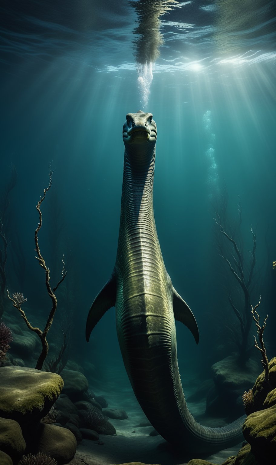 “Loch Ness Monster, underwater, dark and murky environment, large body with one to three humps, large thin neck resembling an eel, large head, flippers, 4k, hyperrealistic, HD, High resolution, High details, Perfect hands, perfect face”