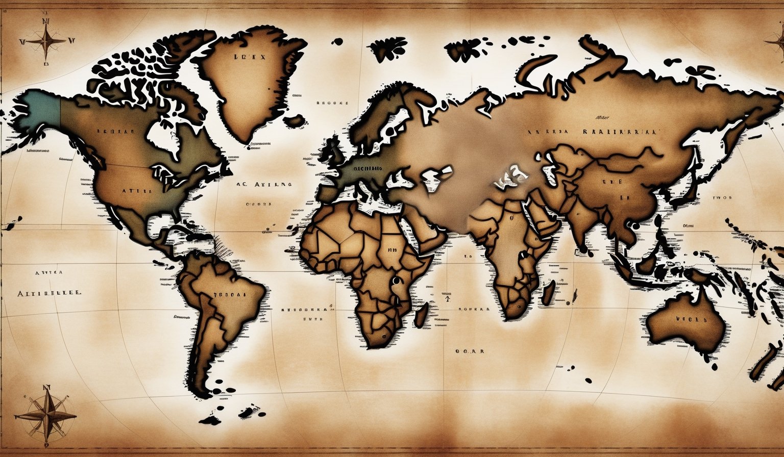 A vintage map of the world with a medium-sized X marked in the Atlantic, rendered in a classic, antique style.