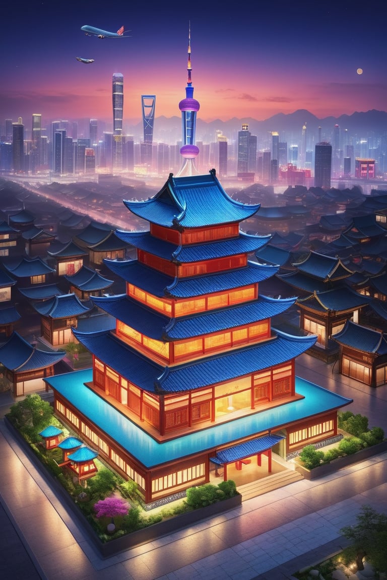 A one giant chinesse house farway the city, modern city in the background, cake colors, first plane view, night.