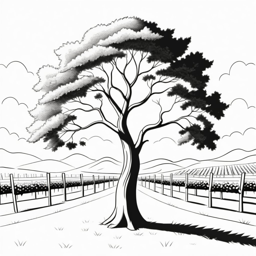 (( A tree with a Vineyard)), ( very low detailed), ((sun and clouds)), thick outlines, isolated, white background, coloring book style, ((no_greyscales)), ((no blacks hading)), ((no_colors)) B&W_pencil_drawing,