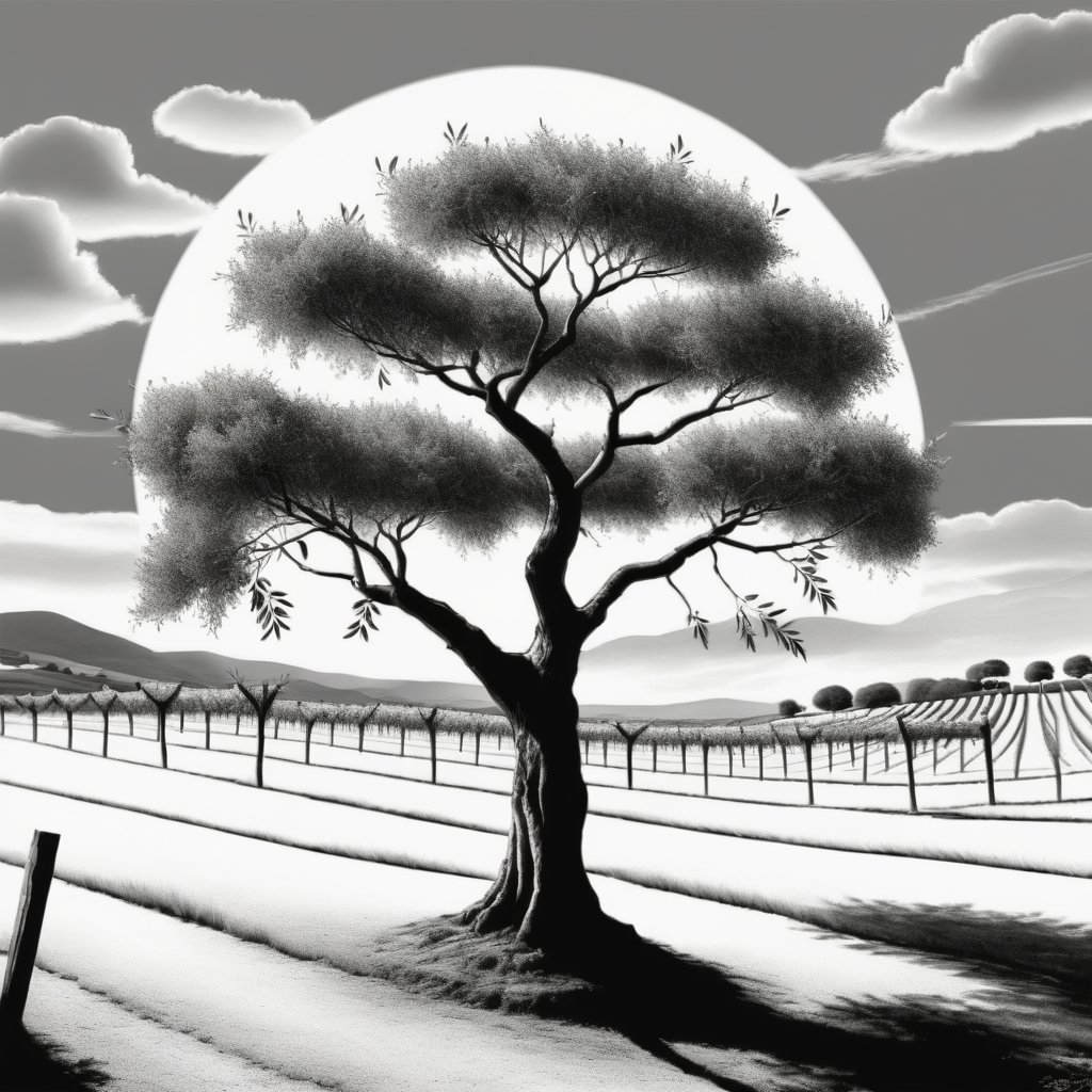 ((Olive Tree with a Vineyard)), (low detailed), ((sun and clouds)), thick outlines, isolated, white background, ((no_greyscales)), ((no blacks hading)), ((no_colors)) B&W_pencil_drawing,