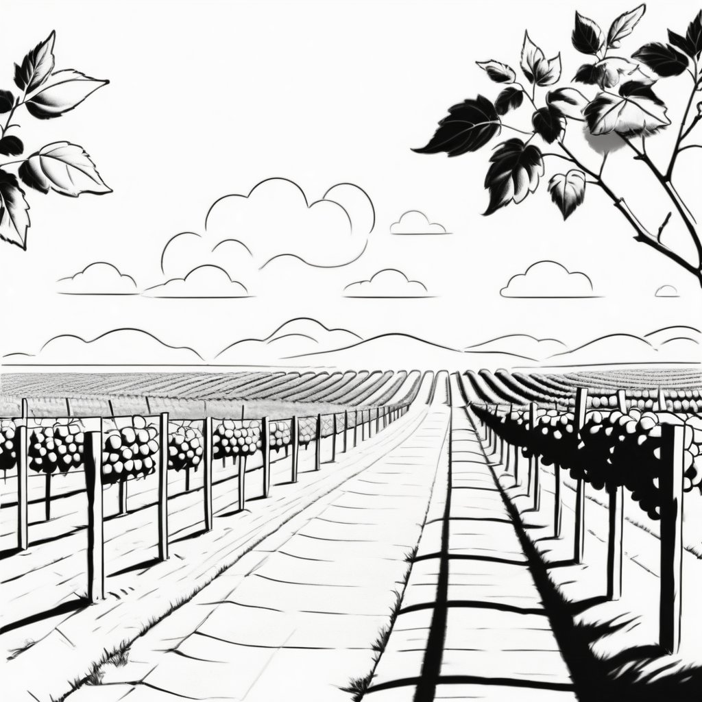 ((A vineyard)), ( very low detailed), ((sun and clouds)), thick outlines, isolated, white background, coloring book style, ((no_greyscales)), ((no blacks hading)), ((no_colors)) B&W_pencil_drawing,