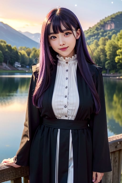 <Fern>
(1girl, solo, purple hair, long hair, purple eyes, blunt bangs, sidelocks, bright pupils,short eyelashes,light smile, plump breasts),

<Clothes>
(frilled collar, black robe, black coat, white dress, center frills, buttons, wide sleeves, long sleeves, curvy, cowboy shot), 

<Scenery>
(lake, starry_night),

<Pose>
(Posing, arms behind back, looking at viewer),masterpiece,1 girl