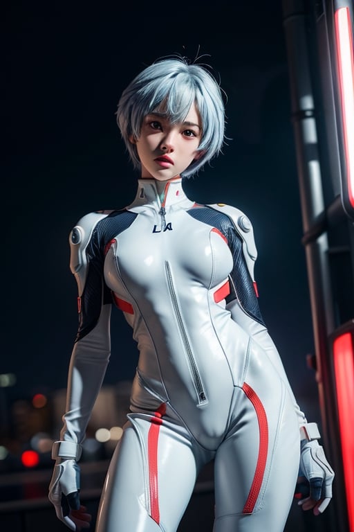 8k, masterpiece, best quality, realistic, sharp focus, cinematic lighting, extremely detailed, epic, dawn, girl, rei ayanami, big breasts, light blue bob hair, white, tight suit, edgy, sexy,urban , (red leon lighting background), chest open, deep-V chest, techwear,outfit,3DMM