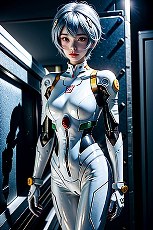 Ayanami Rei a spaceship pilot in a white latex suit with robotic limbs, taking off part of thre suit, in a cyberpunk setting, cyborg, implants, futuristic background, high details, realistic, photorealism, 8k,souryuuasukalangley,insane details ,Hori,frontdoggy,rei ayanami,blue hair