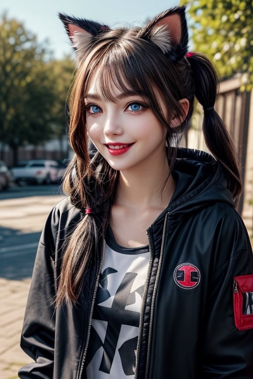 A portrait of a young woman with twin/pigtail hairstyle
Heterochromia (different colored eyes) - one red, one blue
Wearing a hooded jacket/top with cat ear designs
Black cross decorations on the hood/jacket
A mischievous, playful facial expression with a smile
Eyes with a sparkly, lively look
Outdoor setting with some sparse branches visible
Overall whimsical, playful mood and atmosphere