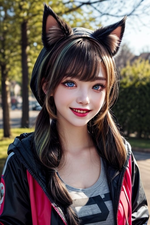 A portrait of a young woman with twin/pigtail hairstyle
Heterochromia (different colored eyes) - one red, one blue
Wearing a hooded jacket/top with cat ear designs
Black cross decorations on the hood/jacket
A mischievous, playful facial expression with a smile
Eyes with a sparkly, lively look
Outdoor setting with some sparse branches visible
Overall whimsical, playful mood and atmosphere