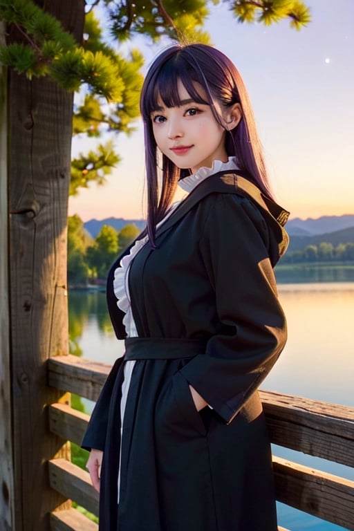 <Fern>
(1girl, solo, purple hair, long hair, purple eyes, blunt bangs, sidelocks, bright pupils,short eyelashes,light smile, plump breasts),

<Clothes>
(frilled collar, black robe, black coat, white dress, center frills, buttons, wide sleeves, long sleeves, curvy, cowboy shot), 

<Scenery>
(lake, starry_night),

<Pose>
(Posing, arms behind back, looking at viewer),masterpiece,1 girl