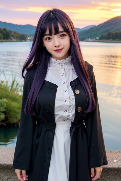 <Fern>
(1girl, solo, purple hair, long hair, purple eyes, blunt bangs, sidelocks, bright pupils,short eyelashes,light smile, plump breasts),

<Clothes>
(frilled collar, black robe, black coat, white dress, center frills, buttons, wide sleeves, long sleeves, curvy, cowboy shot), 

<Scenery>
(lake, starry_night),

<Pose>
(Posing, arms behind back, looking at viewer),masterpiece,1 girl