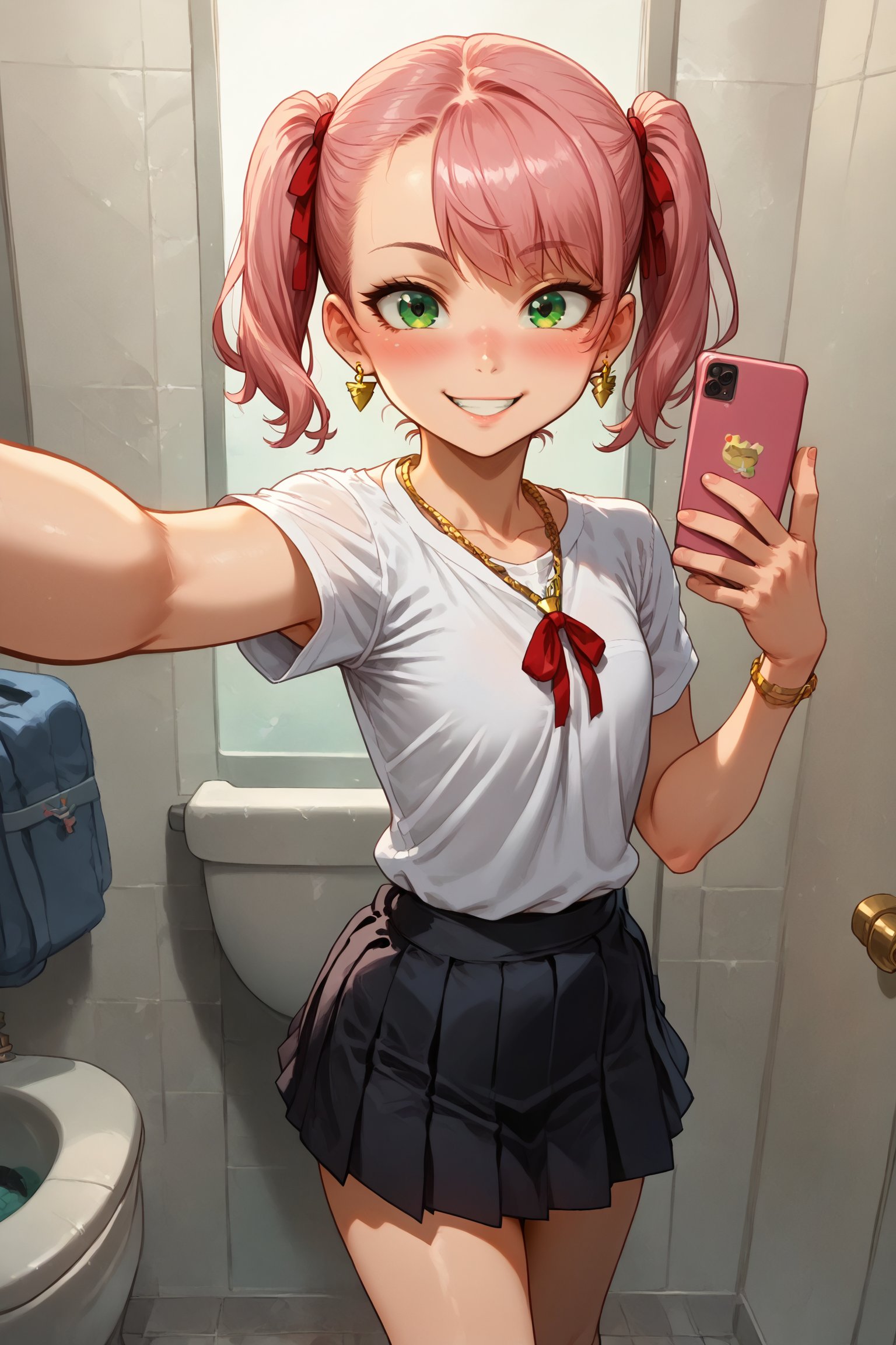 1woman, loli (15 years old), standing, flat chest, pink hair (straight hair, short hair, pigtails,red ribbon ,), (best quality), green eyes, school_uniforms (skirt black skirt,black t-shirt ), big golden earrings, gold necklace, bathroom, bathroom setting,selfie ,sexy smile, blushed, looking_at_viewer, girl alone,anime_screencap
