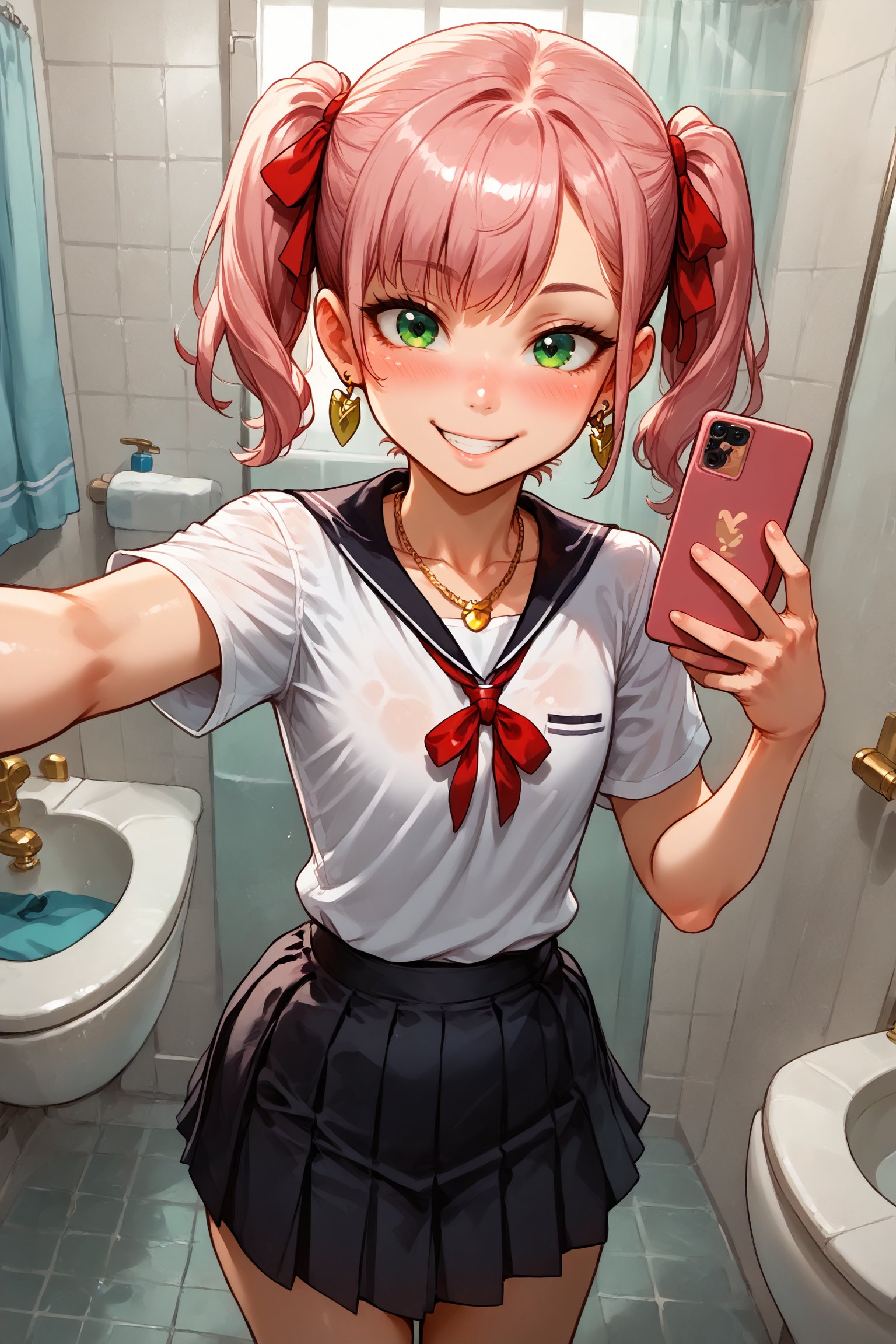 1woman, loli (15 years old), standing, flat chest, pink hair (straight hair, short hair, pigtails,red ribbon ,), (best quality), green eyes, school_uniforms (skirt black skirt,black t-shirt ), big golden earrings, gold necklace, bathroom, bathroom setting,selfie ,sexy smile, blushed, looking_at_viewer, girl alone,
