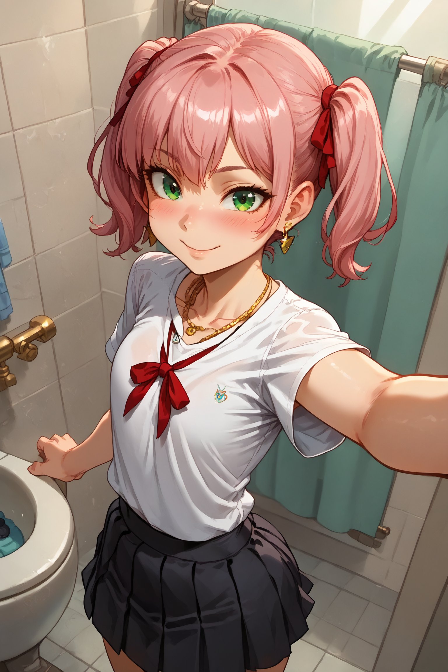 1woman, loli (15 years old), standing, flat chest, pink hair (straight hair, short hair, pigtails,red ribbon ,), (best quality), green eyes, school_uniforms (skirt black skirt,black t-shirt ), big golden earrings, gold necklace, bathroom, bathroom setting,selfie ,sexy smile, blushed, looking_at_viewer, girl alone,anime_screencap
