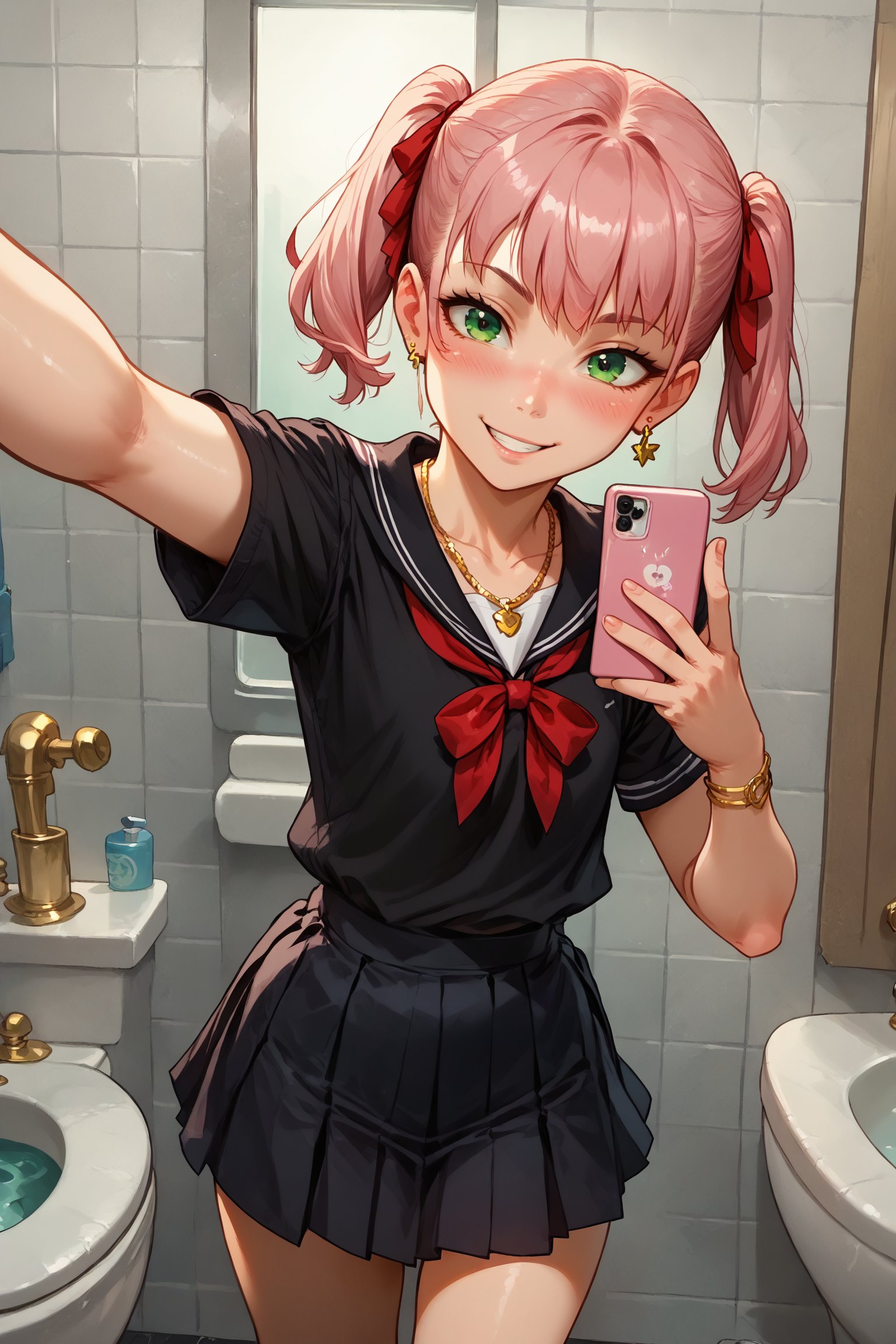 1woman, loli (15 years old), standing, flat chest, pink hair (straight hair, short hair, pigtails,red ribbon ,), (best quality), green eyes, school_uniforms (skirt black skirt,black t-shirt ), big golden earrings, gold necklace, bathroom, bathroom setting,selfie ,sexy smile, blushed, looking_at_viewer, girl alone,anime_screencap
