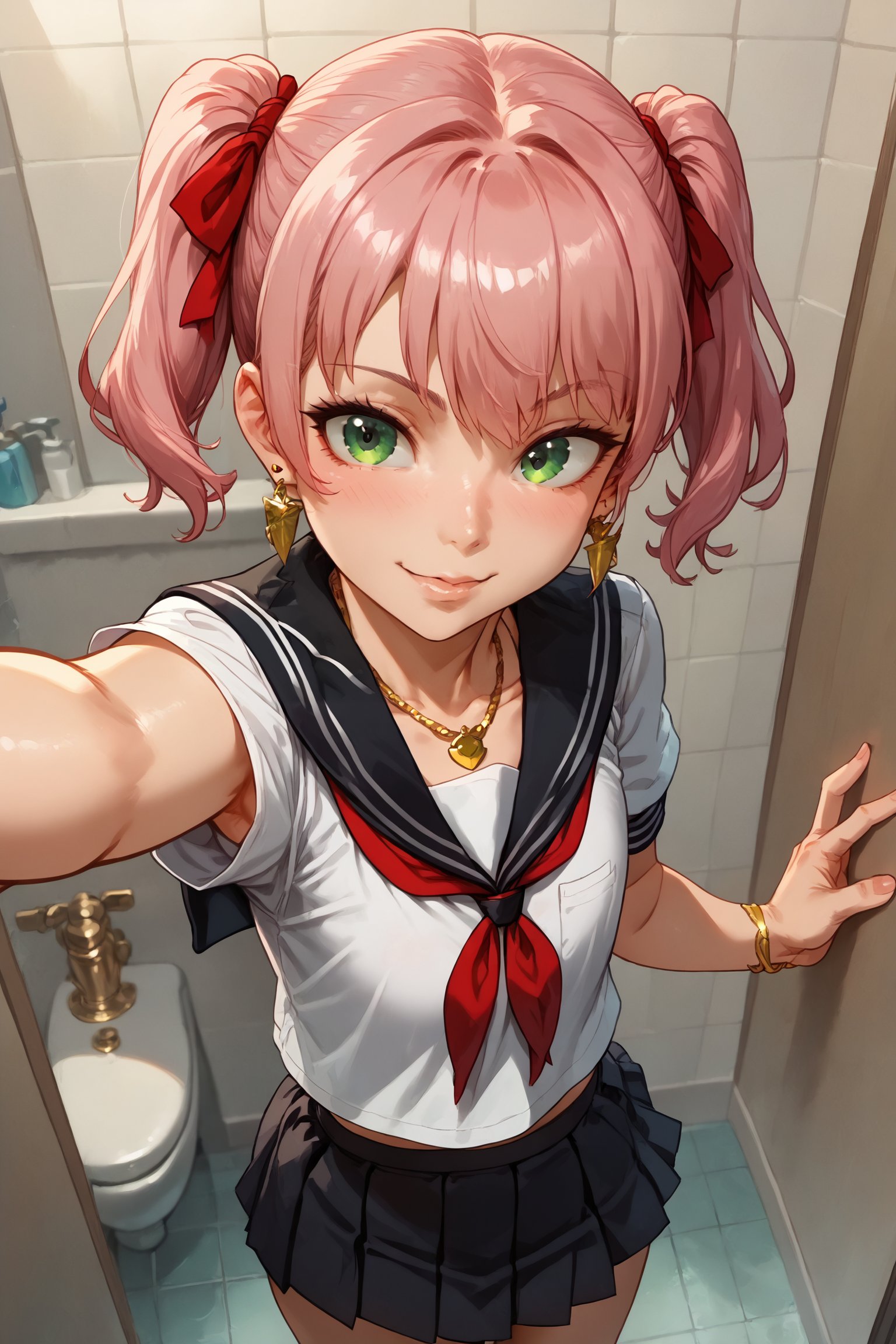 1woman, loli (15 years old), standing, flat chest, pink hair (straight hair, short hair, pigtails,red ribbon ,), (best quality), green eyes,   black sailor JK(uniform_school), big golden earrings, gold necklace, bathroom, bathroom setting,selfie ,dutch angle ,sexy smile, blushed, looking_at_viewer, girl alone,anime_screencap,from above
