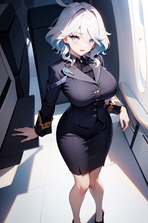 1girl, standing, full body, boob_press, begging,
(furina's face), (furina's hair), (short hair; white hair), large_breasts, big_hips,furina, ((flight attendant uniform))