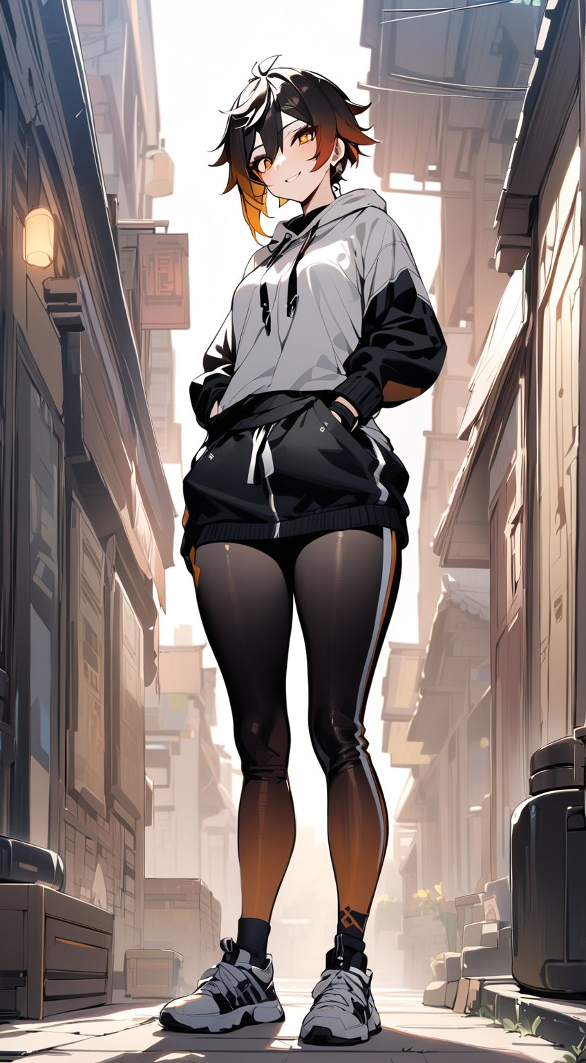 ((masterpiece, 1girl)), best quality, standing. smile. eyelashes. Zhongli from Genshin Impact as a urban girl. sweatpants. fingerless gloves. hip hop