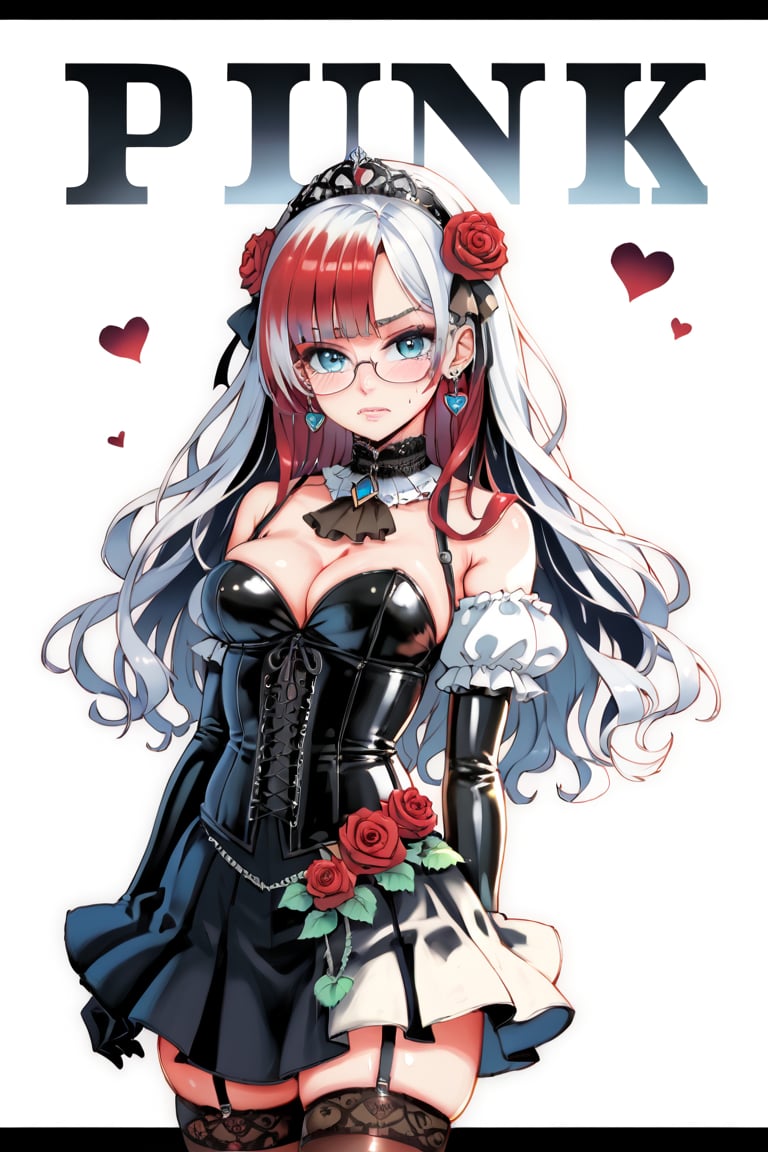 score_9,score_8_up,score_7_up,ClrSkt 1girl, solo, long black gloves, glasses, (((white hair))), (((middle aged woman))), catholic, emo, tears, elbow gloves, embarrassed, long gloves, hearts, long hair, solo, 2.5D, (masterpiece, best quality, ultra-detailed), (perfect hands, perfect anatomy), Highly detailed, High Quality, Masterpiece, beautiful, (((red roses))), red skin, High detailed, detailed eyes, huge body, enamel latex elbow gloves, latex clothes, latex thighhighboots,cleavage, latex elbow gloves, big_dominant, serious, stern, latex corset. High resolution, extremely detailed, atmospheric scene, masterpiece, best quality, 64k, high quality, (HDR), HQ , very detailed, beautiful and aesthetic, heavy makeup, earrings, (masterpiece, best quality, high resolution, ultra detail), ((skindentation)), bare shoulders, soft skin, perfectly explained gloved hands, perfectly explained arms, ClrSkt,Eyes,