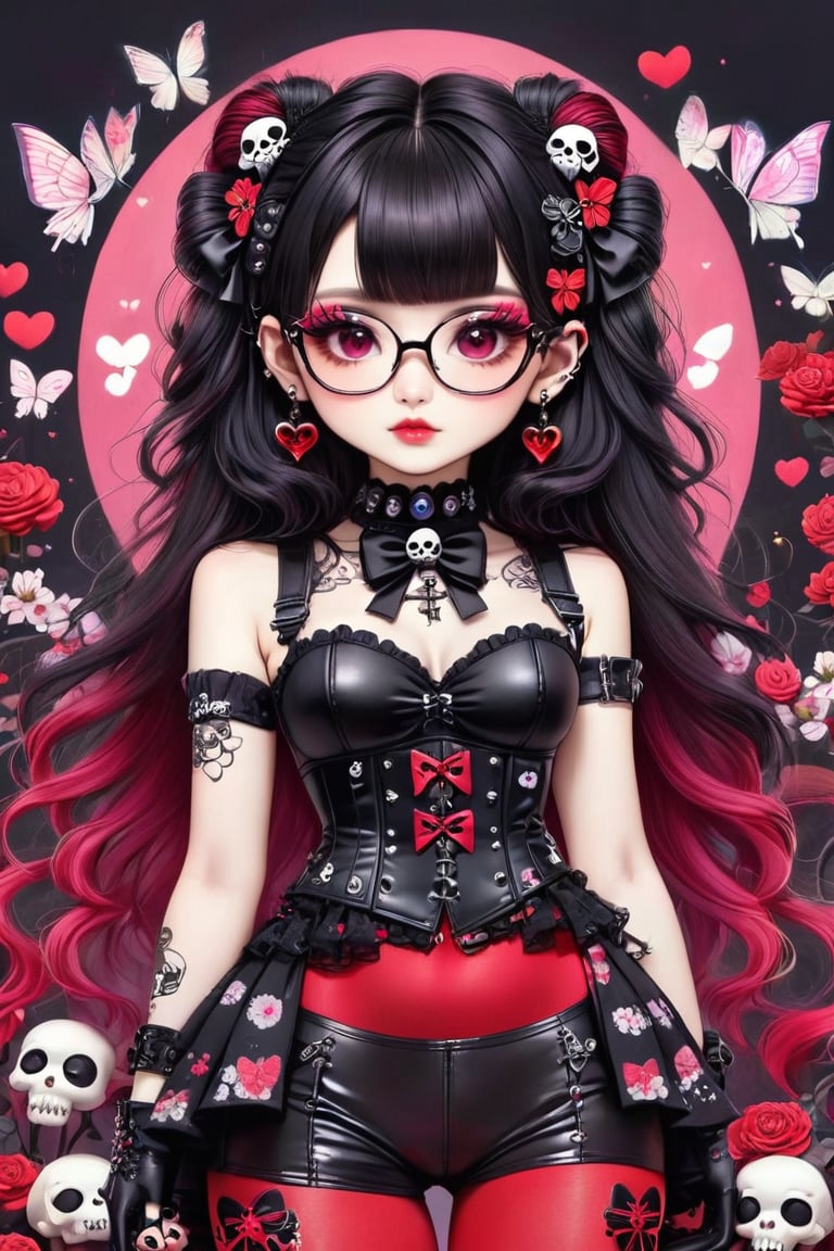 1girl, Catholicpunk aesthetic art, cute goth girl in a fusion of Japanese-inspired Gothic punk fashion, glasses, skulls, goth. black gloves, tight corset, black ribbon, red pantyhose, incorporating traditional Japanese motifs and punk-inspired details,Emphasize the unique synthesis of styles, flowers, butterflies, score_9, score_8_up ,heavy makeup, earrings, Lolita Fashion Clothes, kawaii, hearts ,emo, kawaiitech, dollskill,chibi,Eyes