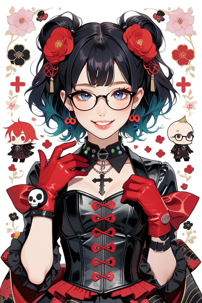 1girl, glasses girl, smile face, grin, cute smile, pastel goth, Catholicpunk aesthetic art, gloved hands, cute goth girl in a fusion of Japanese-inspired Gothic punk fashion, glasses, dark, goth. RED gloves, tight corset, incorporating traditional Japanese motifs and punk-inspired details,Emphasize the unique synthesis of styles, score_9, score_8_up, heavy makeup, earrings, kawaiitech, dollskill, chibi, ,BIG EYES,Eyes,