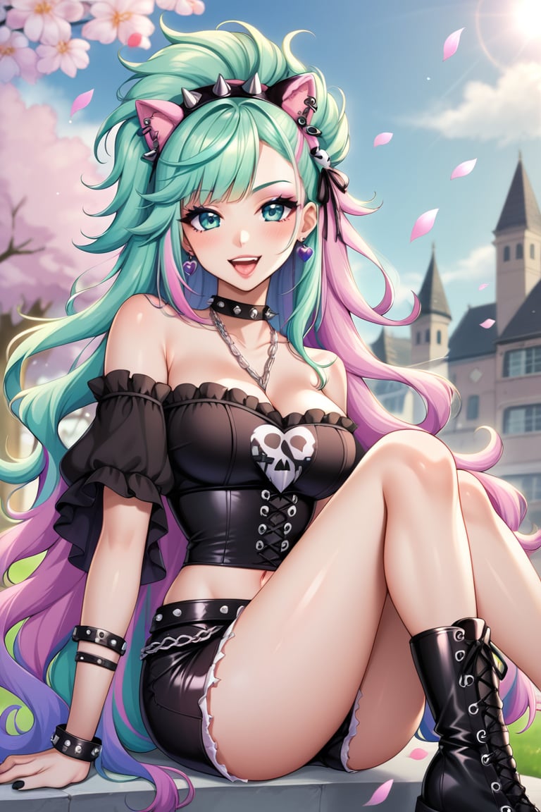 1Girl,Cute VTuber, Gothic Emo style fused with pastel punk fashion, She wears dark edgy clothing , Gothic elements like lace, corsets, and chains, but in pastel colors like pink, mint green, and lavender. Her hair is a vibrant mix of pastel hues, styled with asymmetrical bangs, adorned with small skulls or bows. Accessories include studded bracelets, chokers, and combat boots, all in pastel shades. Her makeup features dark eyeliner and eyeshadow, contrasted with pastel lipstick,vtuber,