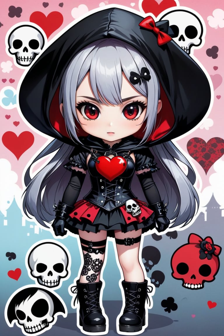 solo, STICKER ART, ANGRY MAD, cute Little girl,Little Red Riding Hood in a fusion of Japanese-inspired Gothic punk fashion,Red Hood, skulls, dark, goth. black gloves, tight corset, incorporating traditional Japanese motifs and punk-inspired details,Emphasize the unique synthesis of styles, (the text "LESBIAN" IN "Punk" text), heart \(symbol\), Skull\(symbol\), pastel goth,dal,colorful,chibi emote style,artint,score_9, score_8_up,BIG EYES