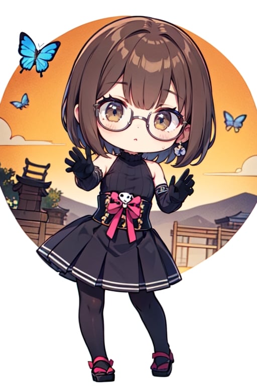  (masterpiece:1.2), (best quality), (ultra detailed), (8k, 4k, intricate),(full-body-shot:1), (highly detailed:1.2),(detailed face:1.2), (detailed background),detailed landscape, ((portrait)), (dynamic pose:1.2) Chibi version of velma Dinkley, 1girl, female_solo, looking at viewer, short hair, skirt, brown hair, brown eyes, pantyhose, pleated skirt, nerd glasses, orange sweater, turtleneck, ribbed sweater, turtleneck sweater, Velma, Chibi Velma Dinkley as a Catholicpunk cute goth girl in a fusion of Japanese-inspired Gothic punk fashion, glasses, skulls, goth. black gloves, heart hands, heart pose, tight corset, black tie, incorporating traditional Japanese motifs and punk-inspired details,Emphasize the unique synthesis of styles, flowers, butterflies, score_9, score_8_up, heavy makeup, earrings, Lolita Fashion Clothes, kawaii, hearts ,emo, kawaiitech, dollskill,chibi, score_7_up,Eyes,portrait