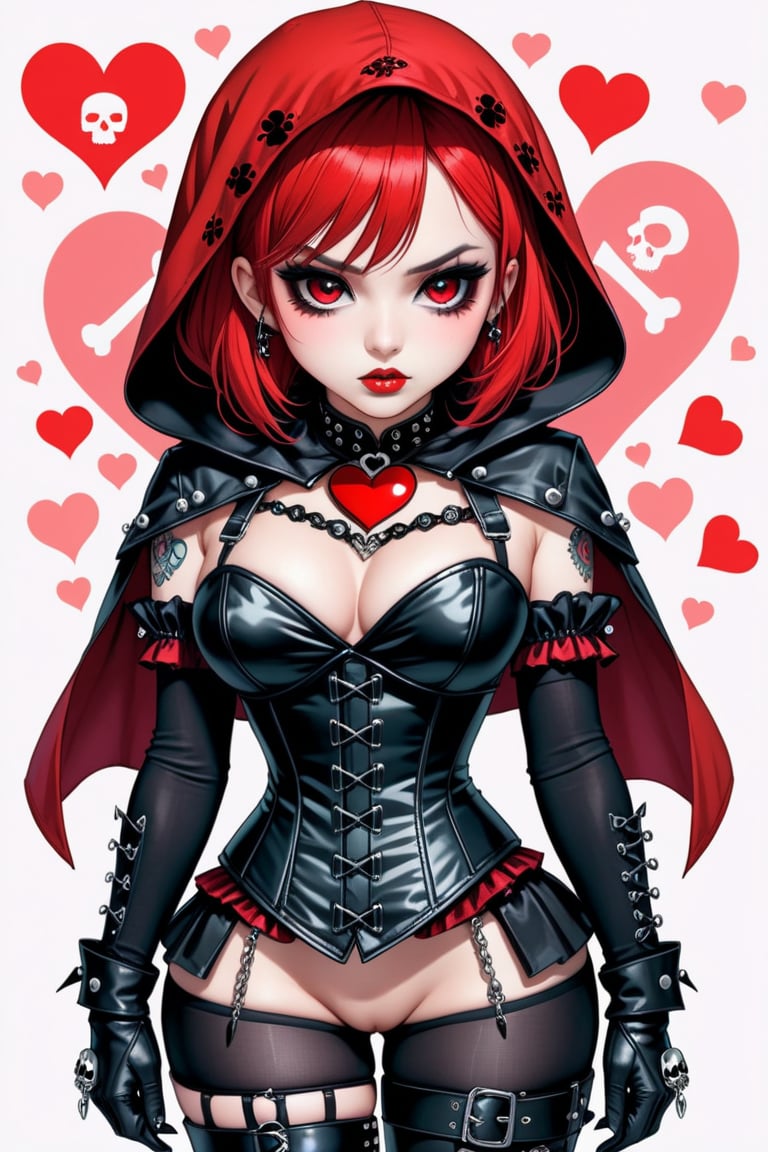 solo, STICKER ART, ANGRY MAD, cute Little girl,Little Red Riding Hood in a fusion of Japanese-inspired Gothic punk fashion,Red Hood, skulls, dark, goth. black gloves, tight corset, incorporating traditional Japanese motifs and punk-inspired details,Emphasize the unique synthesis of styles, (the text "LESBIAN" IN "Punk" text), heart \(symbol\), Skull\(symbol\), pastel goth,dal,colorful,chibi emote style,artint,score_9, score_8_up,BIG EYES