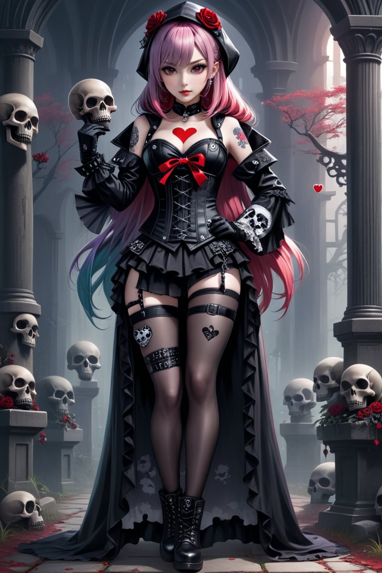 solo, STICKER ART, ANGRY MAD, cute Little girl,Little Red Riding Hood in a fusion of Japanese-inspired Gothic punk fashion,Red Hood, skulls, dark, goth. black gloves, tight corset, incorporating traditional Japanese motifs and punk-inspired details,Emphasize the unique synthesis of styles, (the text "LESBIAN" IN "Punk" text), heart \(symbol\), Skull\(symbol\), pastel goth,dal,colorful,chibi emote style,artint,score_9, score_8_up,BIG EYES