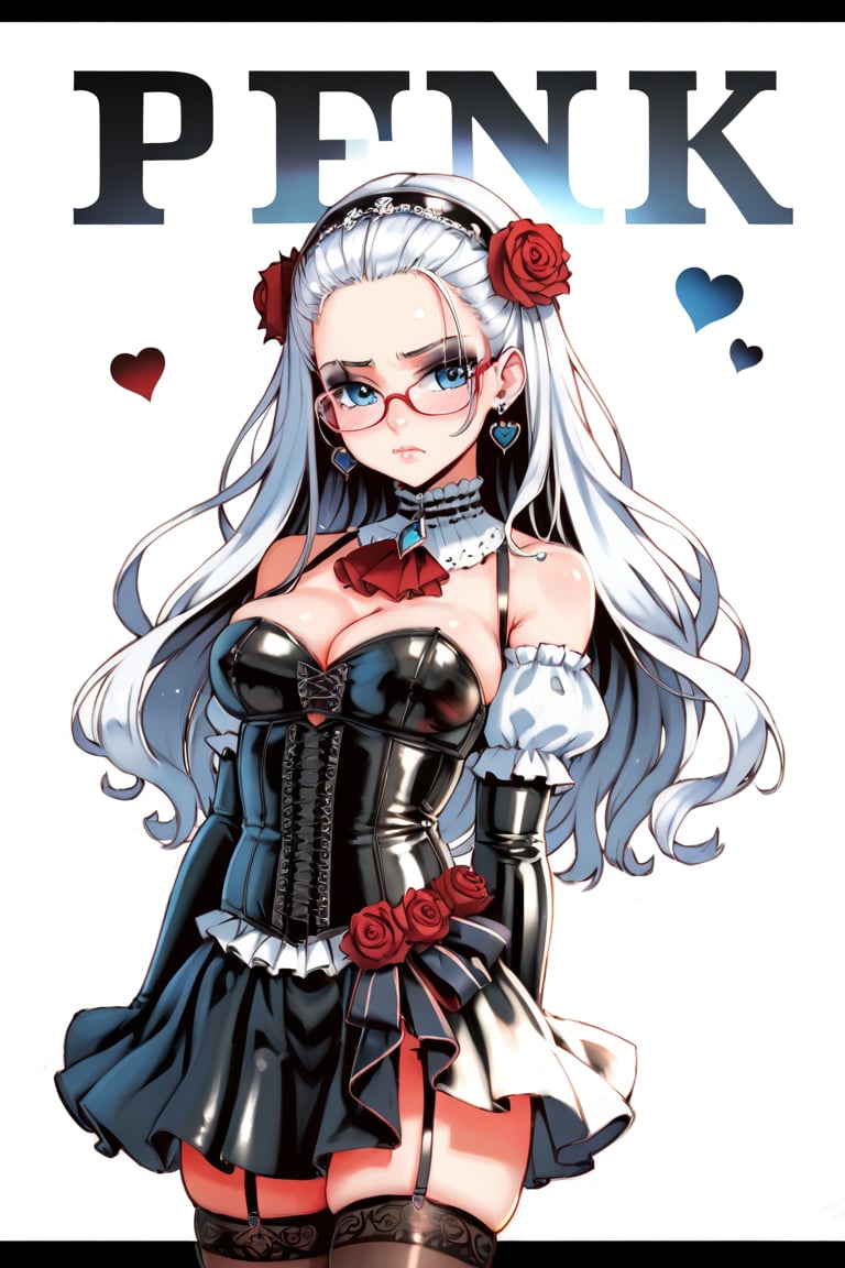 score_9,score_8_up,score_7_up,ClrSkt 1girl, solo, long black gloves, glasses, (((white hair))), (((middle aged woman))), catholic, emo, tears, elbow gloves, embarrassed, long gloves, hearts, long hair, solo, 2.5D, (masterpiece, best quality, ultra-detailed), (perfect hands, perfect anatomy), Highly detailed, High Quality, Masterpiece, beautiful, (((red roses))), red skin, High detailed, detailed eyes, huge body, enamel latex elbow gloves, latex clothes, latex thighhighboots,cleavage, latex elbow gloves, big_dominant, serious, stern, latex corset. High resolution, extremely detailed, atmospheric scene, masterpiece, best quality, 64k, high quality, (HDR), HQ , very detailed, beautiful and aesthetic, heavy makeup, earrings, (masterpiece, best quality, high resolution, ultra detail), ((skindentation)), bare shoulders, soft skin, perfectly explained gloved hands, perfectly explained arms, ClrSkt,Eyes,