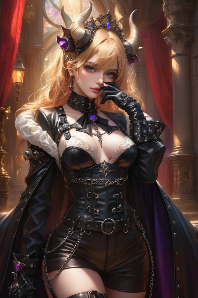 Hands:1.1, better_hands. UPSCALED. MASTERPIECE. (masterful), depth of field, (1girl:1.3), BLONDE Bowsette mistress lady, (four intricate horns:1.2), goth style gas mask, watching to the camera, beautiful, LONG leather gloves, gloved hands, leather corset, donning an intricately designed gothic inspired outfit, blend of Baroque and punk fashion styles meticulous attention to detail, elegance and flamboyance, ribboned waist adding a touch of Victorian charm, perfect face, edgy punk accents, such as leather gloves, leather harness, leather straps, spikes, and chains perfect anatomy, detailed eyes, perfect eyes, whole head, top of head, free space above head, The color palette includes rich jewel tones and metallic hues, enhancing the opulent yet rebellious aesthetic. Detailed, intrincate, perfect digital art, glowing shadows, (beautiful and aesthetic:1.3), extreme detailed, colorful, highest detailed,((ultra-detailed)), (highly detailed illustration), ((an extremely delicate and beautiful)),cinematic light, shining on ground, perfectly explained gloved hands, love_handles, both gloved hands, perfectly explained arms, always gloved.