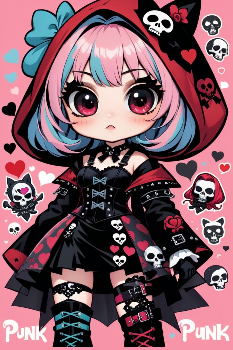 solo, STICKER ART, ANGRY MAD, cute Little girl,Little Red Riding Hood in a fusion of Japanese-inspired Gothic punk fashion,Red Hood, skulls, dark, goth. black gloves, tight corset, incorporating traditional Japanese motifs and punk-inspired details,Emphasize the unique synthesis of styles, (the text "LESBIAN" IN "Punk" text), heart \(symbol\), Skull\(symbol\), pastel goth,dal,colorful,chibi emote style,artint,score_9, score_8_up,BIG EYES