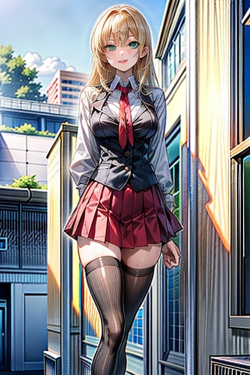 best quality,masterpiece, Rika Shiraki from bible black, 1girl, school uniform, blonde hair , green eyes, straight hair, smile , stockings, skirt , cleavage, arms behind back, contrapposto,leaning forward,medium breasts, socks , evil, villain, eroge, hentai, antagonist, model, diva