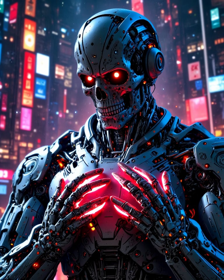 robot, with skull face, futuristic, neon in hands, glowing