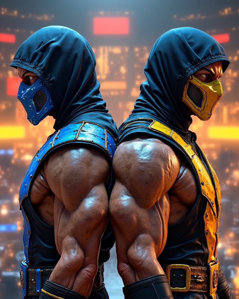  male, sub-zero frozen mask, male, scorpion, yellow mask, standing together, back to back, view from above, mortal kombat series