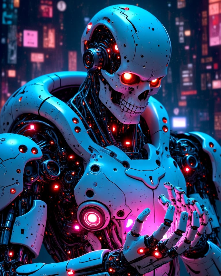 robot, with skull face, futuristic, neon in hands, glowing