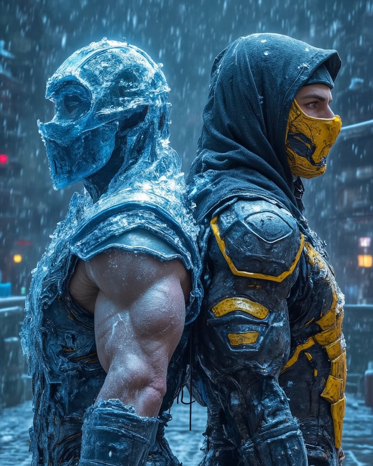  male, sub-zero frozen, blue mask, male, scorpion, yellow mask, standing together, back to back, view from above, mortal kombat series